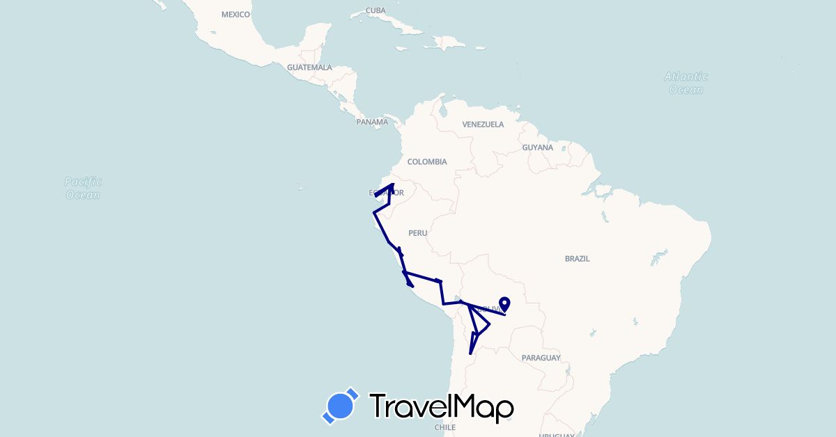 TravelMap itinerary: driving in Bolivia, Colombia, Ecuador, Nicaragua, Peru (North America, South America)